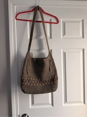 Brown Woven Shoulder Bag with Bead Accent